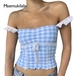 Women's Tanks Maemukilabe Cute Plaid Milkmaid Tops Y2K Kawaii Bow Lace Strap Slim Fit Camisole 00s Retro Fairy Cottage Crop Vest Women