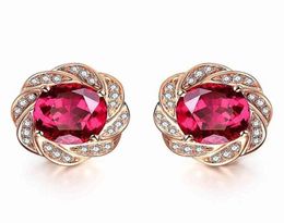 14k rose gold Colour flower red crystal ruby gemstones diamonds stud earrings for women classical Jewellery brincos fashion bijoux 211422463