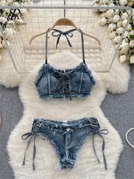 SINGREINY Retro Women Bikini Denim Suits Summer Halter Camis Mini Pant Lingerie Fashion Vacation Swimsuits Sexy Bra Briefs Sets 240305