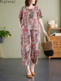 Suits 2 Two Piece Set Floral Loose T Shirt Tops+ Calf Length Pants 2023 New Summer Ladies Korean Casual Vintage Cotton Print Pant Sets