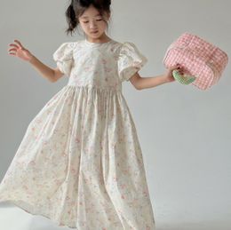 Kids floral printed long dresses girls puff sleeve princess dress 2024 summer children beach holiday clothes Z6989