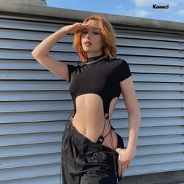 KAAAZI Sexy Slim Fit Short Sleeve Crop Bodysuits Bandage Expose Waist Solid Women Streetwear Clothes Lace Up Summer Fashion 240304