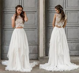 Bohemian Elegant Wedding Dress 2 Pieces Vintage Sleeveless Lace Beach Bride Dresses Train Elegant Chiffon Wedding Bridal Gowns