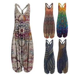 Vintage Ethnic Style S4XL Women Casual Floral Rompers Loose Boho Jumpsuits Sleeveless Print Strappy Jumpsuit 240301