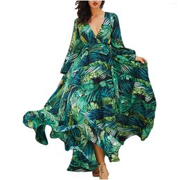 Casual Dresses Vestido Floral Print Boho Maxi Dress Sexy V-Neck Bohemian Summer Long Women Beach Swing Sleeve Female Robe YL