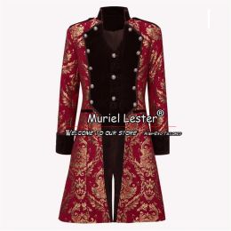 Jackets Gothic Red & Gold Man Trench Coat Long Black Peaked Lapel Jacquard Men's Suit Jackets Custom Made Groom Tuxedos Male Prom Blazer