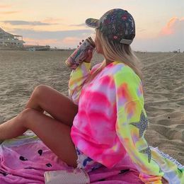 Women's Hoodies 2024 Women Casual Tie Dye Printing Crewneck Harajuku Sweatshirt Loose Streetwear Y2k Long Sleeve Plus Size Clothing