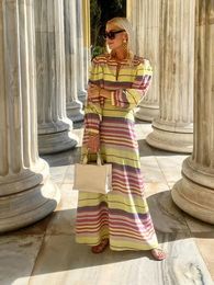 Casual Cotton Stripe Women Maxi Dress Back Cut Out Long Sleeve Loose Vestidos 2024 High Waist Holiday Ladys Outfits 240304