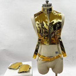 Stage Wear Male Gold Mirror Leather Jazz Dance Costume Nightclub Pole Clothing Sleeveless Tops Gogo Performance VDB8027