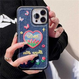 Cell Phone Pouches Ins Korean Cute Flower Denim Embroidered Phone Case Pro Max Love Heart Stars Y2k Shockproof Soft CoverH240307