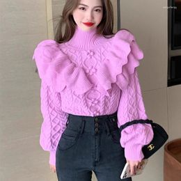 Women's Sweaters Sweet Ruffles Turtleneck Sexy Lady Purple Pink Twists Knitwear Korean Aesthetic Crop Top Warm Winter Jumpers Pullover