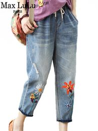 Max LuLu 2023 Fashion Fall Ladies Elastic Elegant Jeans Casual Floral Embroidery Denim Trousers Female Loose Harem Pants 240229