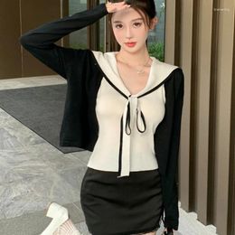 Women's Knits 2024 Spring Korean Fashion Threaded Long-sleeved Cardigan Women Soldier Collar Lace Up Bow Knitted Camisole Two-piece Suit