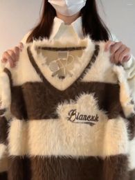 Women's T Shirts Lazy Style Striped Collision Mink Jumper 2024 Autumn And Winter Loose Design Niche Knitwear Thickened Tops