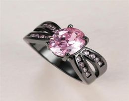 Wedding Rings Charming Pink Crystal Zircon Ring Oval Stone For Women Vintage Fashion Black Gold Female Birthstone Jewelry9238174