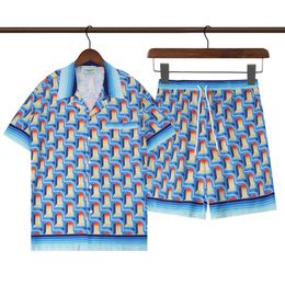 Men's Tracksuits Casual Holiday Printed Shirt Summer Loose Short Sleeve Lapel Cardigan Men Gradient Wavy Stripes Contrasting Colors Sets