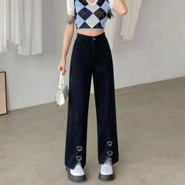 Jeans Black Baggy Jeans Woman Front Side Slit High Waist Wide Leg Pants Female Denim Trousers Streetwear Harajuku Fashion
