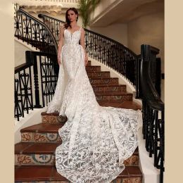 Sexy See Through Back Mermaid Dresses With Detachable Full Lace Bridal Gown Spaghetti Strap Remove Train Castle Wedding Gowns