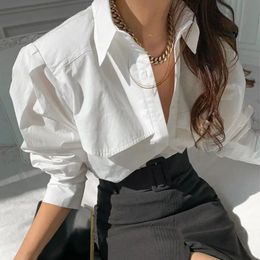 Deeptown Elegant White Chiffon Blouses Women Cotton Chic Puff Sleeve Old Money Style Long Shirts Casual Loose Office Wear 240307