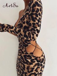 Dress Artsu Sexy Bandage Cut Out Leopard Print Midi Dress Outfits Women Party Club Autumn Long Sleeve Dresses Bodycon Clothes