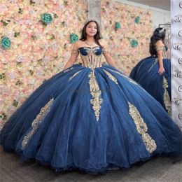 Pricess Navy Blue Quinceanera Dress 2024 Ballkleider Sparkle Vestido De 15 Xv Anos Debutante Birthday Dress With Gold Lace Sweet 16 Party Gown Elegant Pageant Dress