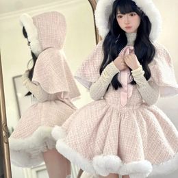 Japanese Style Elegant Tweed Plaid Dress Sets Women Plush Hooded Shawl Short Jackets Mini Skirts Kawaii Christmas Year Suit 240223