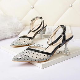 Dress Shoes Pumps Luxury 2024 Women's Stilettos Korean-style Polka Dot Crystal Black Evening Party High Heels Slingback Sandals Women