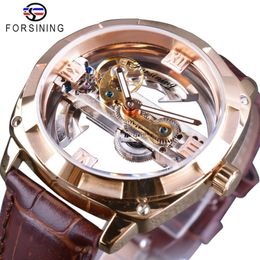 Forsining Rose Golden Brown Genuine Leather Belt Transparent Double Side Open Work Creative Automatic Watches Top Brand Luxury272g