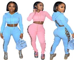 Lace Up Bandage Two Piece Sport Suit Women039s Tracksuit Hooded Long Sleeve Crop Tops and Hollow Out Jogger Pant Workout Outfit7588196