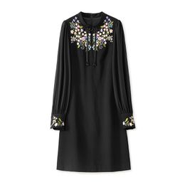 2024 Spring Black Solid Color Embroidery Dress Long Sleeve Stand Collar Knee-Length Casual Dresses W4M053309