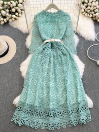 Dress Autumn Women Black/White/Green Hook Flower Hollow Lace Midi Dress Elegant ONeck High Waist ALine Party Vestidos Female New