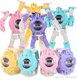 EMT QT5 Children Cartoon Transformable Robot Watch Timer Kid Toy Electronic Wrist Watch Various Colours Christmas Birthday Gif2110629