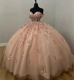 New Design Pink 2024 Princess Quinceanera Dress Off Shoulder Sparkly 3D Flower Appliques Beads Ball Gown Sweet 16 Prom Dresses