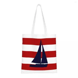 Shopping Bags Nautical Navy Blue Groceries Tote Bag Sailboat On Red Stripes Canvas Shoulder Shopper Large Capacity Handbags