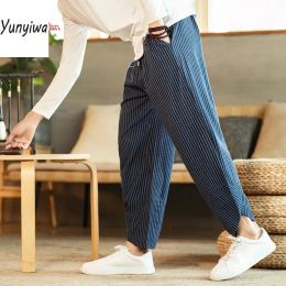 Pants Chinese Style Striped Harem Pants Mens Breathable Cotton Linen Wide Leg Pants Bifurcation Casual Bloomers Fashion Trousers