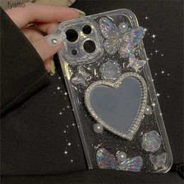 Cell Phone Pouches Glitter Butterfly Love Heart Mirror Epoxy Phone Case Pro Max Cute Rose Flower Soft Back CoverH240307