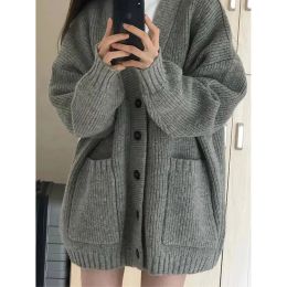 Cardigans Autumn Grey Women Knitted Cardigan Korean Oversize Pocket V Neck Single Breasted Jumper Casual Loose Preppy All Match Sweater