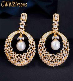 CWWZircons Luxury Hollow Flower Dangling Pearl Dubai 18K Gold Plated Cubic Zirconia Long Wedding Earrings for Brides Party CZ630 25322652