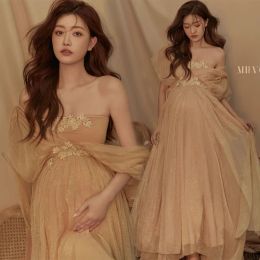Dresses 2022 Pure Pregnant Women's Photo Clothing New Aesthetic Fairy High Setting Champagne Gauze Pregnant Mother's Dress Retro Sweet