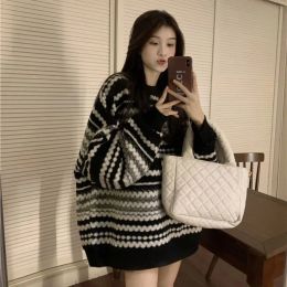 Pullovers Autumn Oversized Striped Knitted Sweater Women Vintage Streetwear Loose Long Sleeve Pullover Harajuku Casual O Neck Midi Jumper