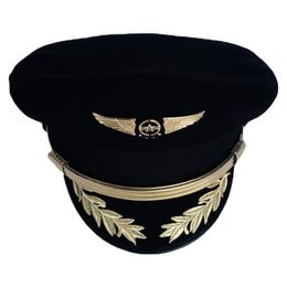 Custom Upscale Pilot Cap Airline Captain Hat Uniform Halloween Party Adult Men Military Hats Black For Women Wide Brim252r