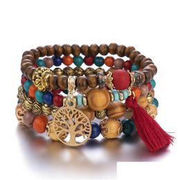 Charm Bracelets 4Pcs Bohemia Tree Of Life Charm Beaded Bracelet Set For Women Handmade Wood Beads Chain Bangle Female Boho Jewellery Dr Dh8Kn