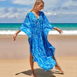 Cover-up 2023 Summer European American New Women Print Blouse Seaside Holiday Dress Loose Blouse Bikini Swimsuit Gown Outerwear Blue