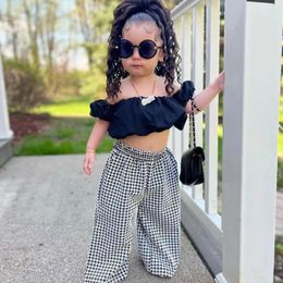 Clothing Sets 2024 Summer Girls Clothes Kids Boat Neck Strapless Puff Short Sleeve Tops Houndstooth Pants Children