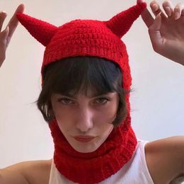 Berets Puloru Halloween Hat Women Men Horn Shape Red Knitting Beanies Hats With Neckerchief Winter Party Stage Skullies