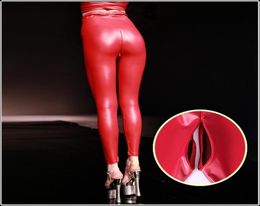 Sexy Red Latex PU Faux Leather Skinny Pants Open Crotch Leggings Women High Waist Invisible Zipper Black Custom Slim Trousers Y2003539258