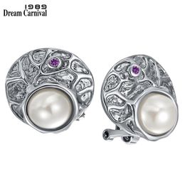 DreamCarnival1989 Delicate Round Stud Earrings for Women Simulated Pearl Barroco Antique Female Jewellery Purple Zircon WE3997 210616185372