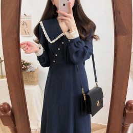 Dress Vintage Cotton Dresses Women Spring Autumn Dress 2019 Design Patchwork Hollow Out Lace Cute Preppy Girls Lady Cute Dress Long