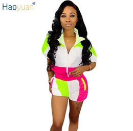 HAOYUAN Plus Size Two Piece Set Summer Clothes for Women Matching Sets Neon Top and Biker Shorts Sweat Suit Casual Tracksuit4494537