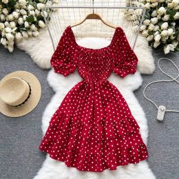 Dress French slim vintage square collar polka dot Print short Dress Summer Party sexy beach vestido de festa Women retro aline dress